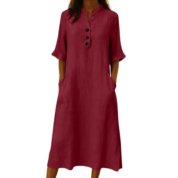 Kvture 3/4 Sleeve Linen Midi Dress for Women Summer Loose Button Up Stand Collar Beach Vacation A-Line Dresses with Pockets Wine