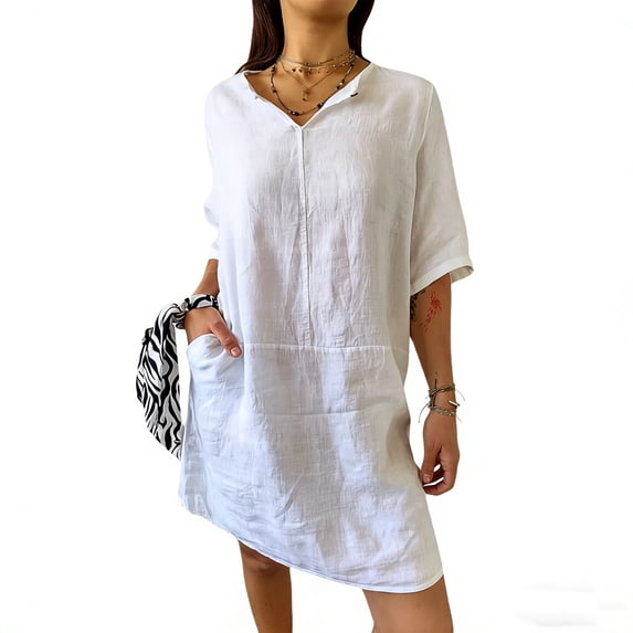Kvture 3/4 Sleeve V Neck Cotton Casual Dresses for Women Trendy Summer Mini Dress with Pockets Solid Beach Vacation Dress White