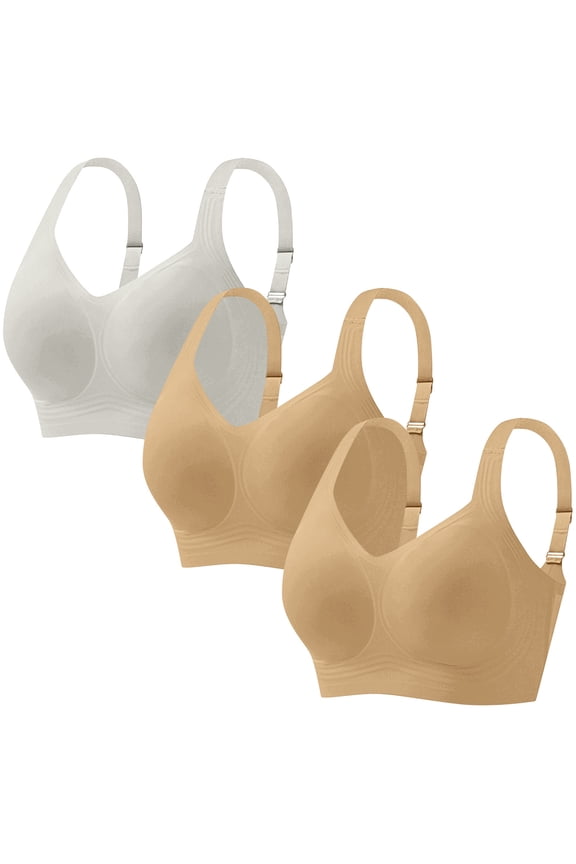 3 PC Seamless Minimizer Bra Mesh Full Coverage Padded Lift Support Push Up Soft Smoothing Wireless Bra for Women Beige Bras L