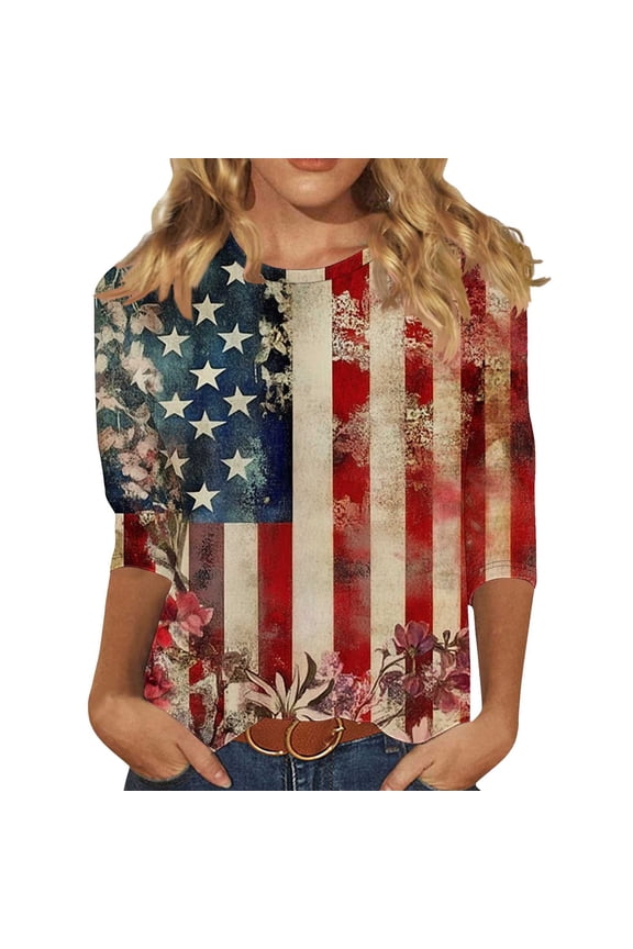 4Th of July Shirts Women Summer 3/4 Sleeve Tops Funny Red White and Blue Tshirts American Flag Graphic Tees D Multicolor Tees XXXXXL