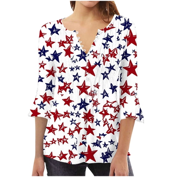 Kvture 4th of July Tops for Women Henley V Neck Button 3/4 Sleeve Blouse Independence Day Patriotic T Shirts Summer B White Tees S