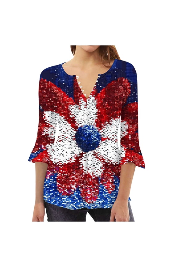 4th of July Tops for Women Henley V Neck Button 3/4 Sleeve Blouse Independence Day Patriotic T Shirts Summer Red Tees S