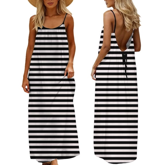 Kvture Backless Cami Dresses for Women Casual Striped Open Back Spaghetti Strap Maxi Dress Beach Sundress with Back TieBlack