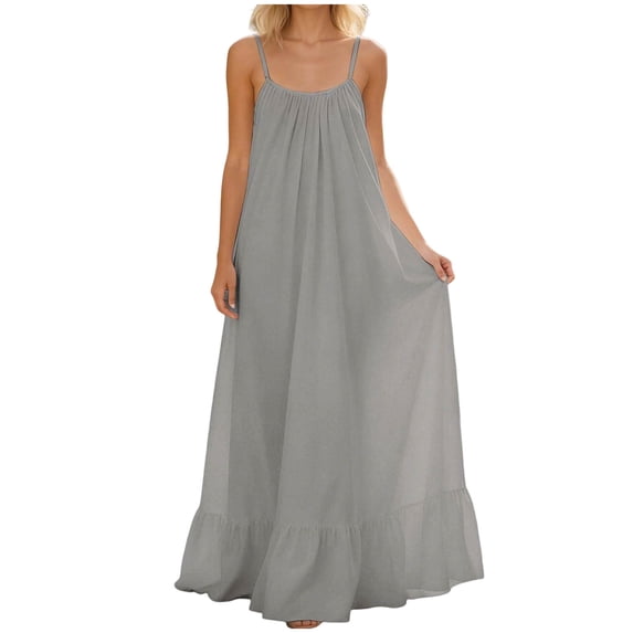 Kvture Backless Spaghetti Strap Maxi Dress for Women Linen Cami Lounge Dress Long House Dress High Slit Summer Beach Dresses Gray