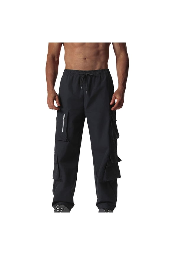 Baggy Cargo Pants Men Lightweight Stretch Hiking Multiple Pockets Drawing Solid Color Casual Pants for Men Black S