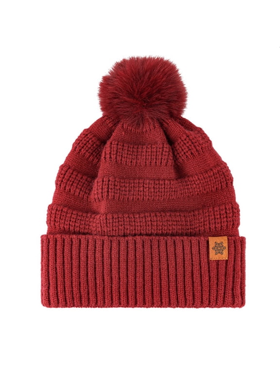 Beanie for Women Stylish Winter Toboggans Cute Soft Knit Fuzzy Warm Hats Soft Beanie with Pom Pom, Holiday Gift Red Hat