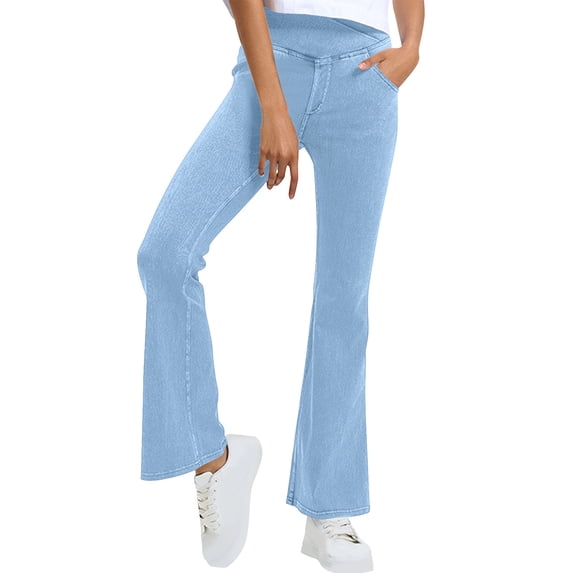 Kvture Bell Bottom Jeans for Women Crossover Flare Yoga Leggings with Pockets Plus Size Baggy Jeggings Stretch Pull On Pants Light Blue XXL