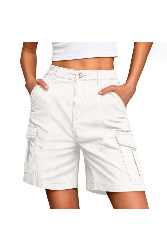Bermuda Cargo Denim Shorts for Women Knee Length with Pockets Elastic Waist Long Jorts for Summer Casual White L