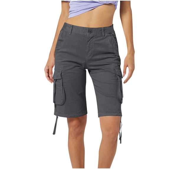 Kvture Bermuda Cargo Shorts Women Elastic High Waist Pockets Shorts Summer Jorts for Women Casual Dark Gray 32