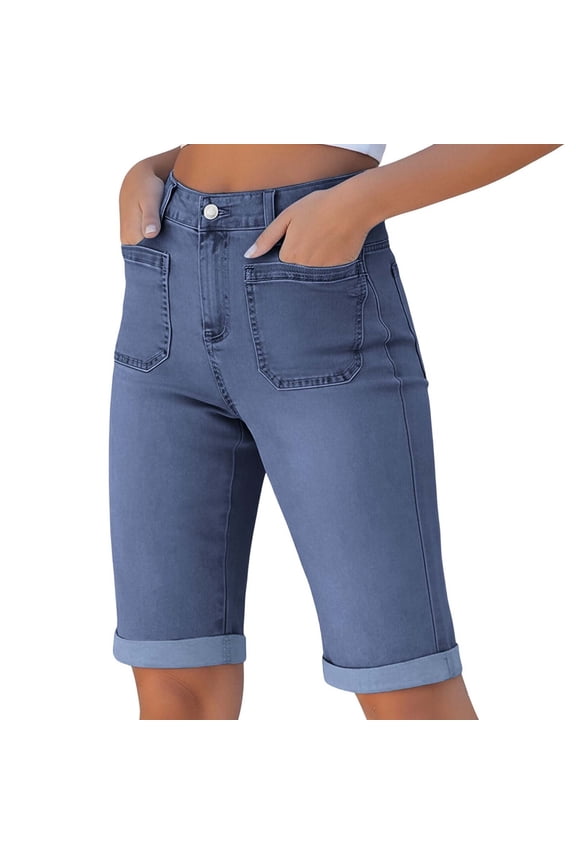 Bermuda Jean Shorts for Women High Waisted Knee Length Short Jeans Cuffed Hem Stretchy Denim Long Shorts Summer Jorts L