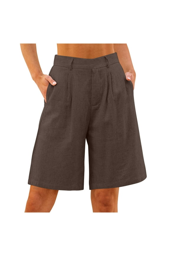 Bermuda Shorts for Women High Waisted Linen Dressy Casual Pleated Wide Leg Summer Shorts with Elastic Wais Coffee XXL