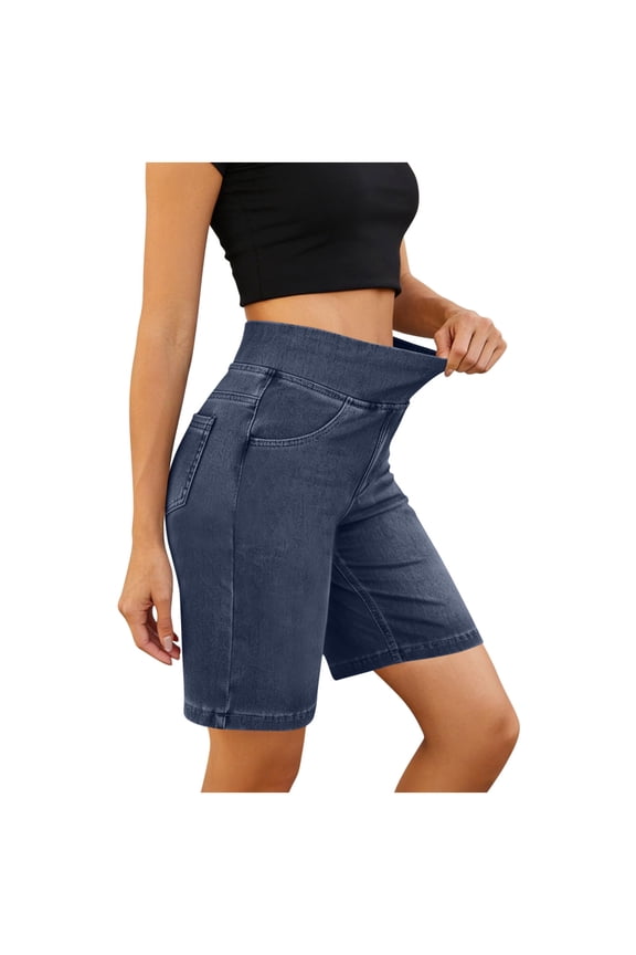 Bermuda Shorts for Women Jean Elastic Waist High Waisted Knee Length Fold Hem Stretchy Denim Long Shorts M