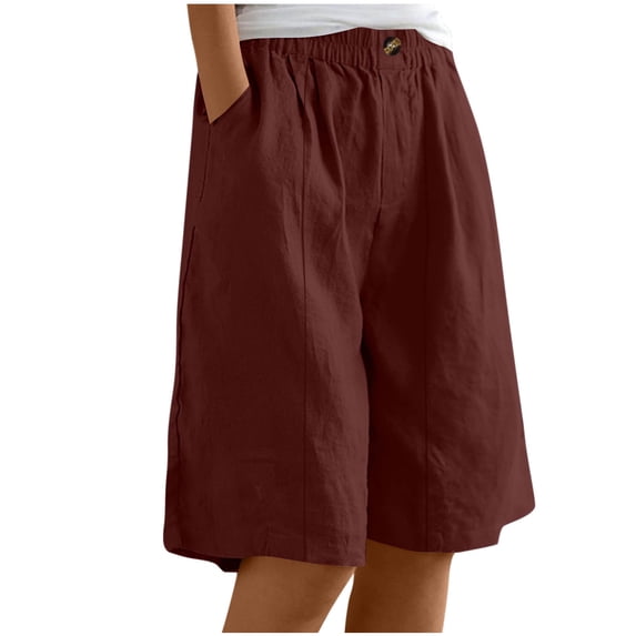 Kvture Bermuda Shorts for Women Knee Length Wide Leg Summer Short Pants High Waisted Cotton Linen Short Plus Size Crop Pant Wine XL