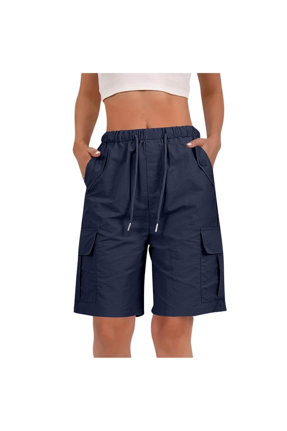 Bermuda Shorts for Women Summer Quick Dry Cargo Shorts with Pockets Outdoor Drawstring Knee Length Hiking Short Navy XL
