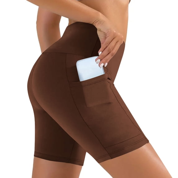 Kvture Biker Shorts Women Tummy Control Workout Leggings with Pockets High Waist Gym Running Yoga Shorts Brown XL