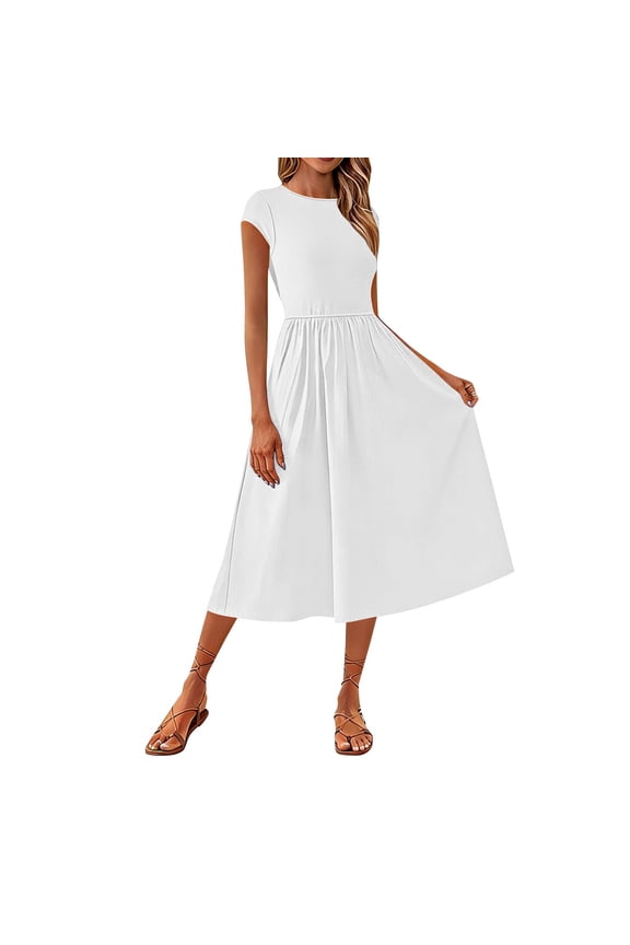 Cap Sleeve Midi Dress for Women Crew Neck Empire Waist A-Line Dresses Summer Casual Vacation Swing Dress White