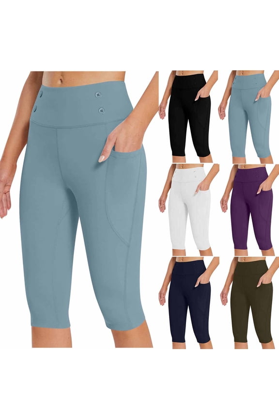 Capri Leggings for Women with Pockets Stretch High Waisted Yoga Capris Tummy Control Workout Cropped Pants Solid Color Soft Tights Dark Blue XXL