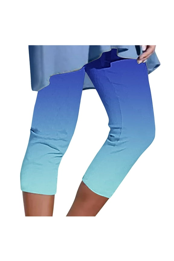 Capri Leggings for Women Yoga Pants Stretchy Gradient Color Capris Plus Size Soft Comfy Workout Cropped Trousers Gym Blue XXXL