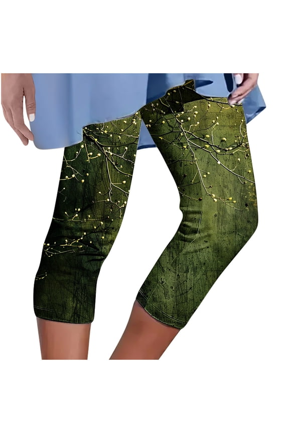 Capri Leggings for Women Yoga Workout Floral Print Pants Tummy Control Beach Cropped Trousers Lightweight Trousers A Green XXXL