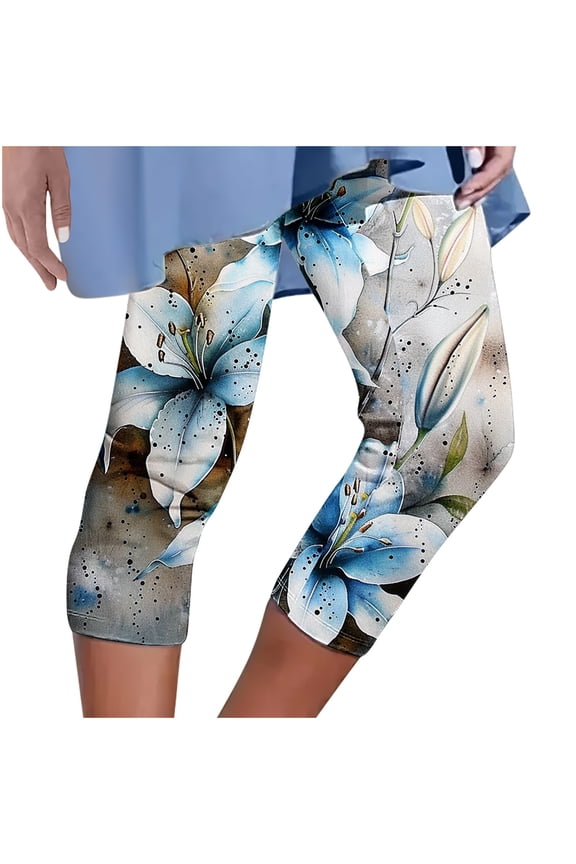 Capri Leggings for Women Yoga Workout Floral Print Pants Tummy Control Beach Cropped Trousers Lightweight Trousers Blue M