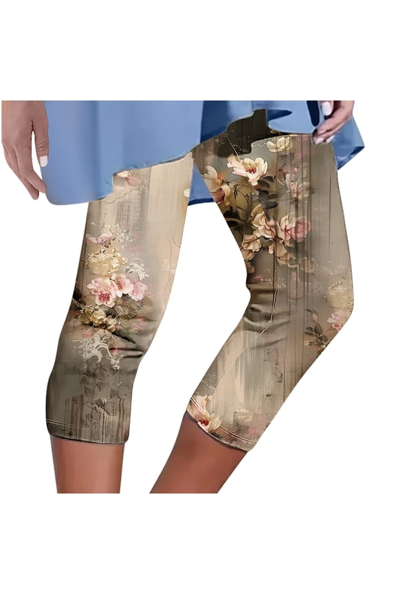 Capri Leggings for Women Yoga Workout Floral Print Pants Tummy Control Beach Cropped Trousers Lightweight Trousers Yellow XL