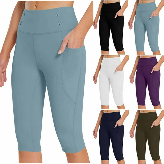 Kvture Capri Leggings for Women with Pockets Stretch High Waisted Yoga Capris Tummy Control Workout Cropped Pants Solid Color Soft Tights Dark Blue L