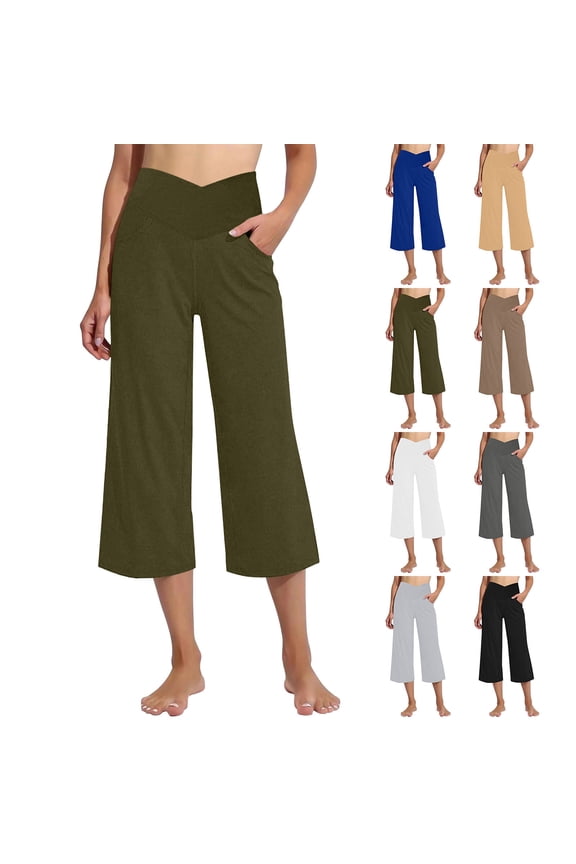 Capri Pants for Women Wide Leg Yoga Casual Cropped Pants with Pockets Loose Tummy Control High Waist Capris Solid Color Straight Trousers Black S