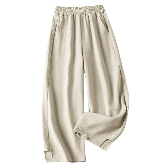Kvture Capri Pants for Women Casual Summer Elastic High Waist Cotton Linen Capris Straight Wide Leg Cropped Beach Trousers Khaki L