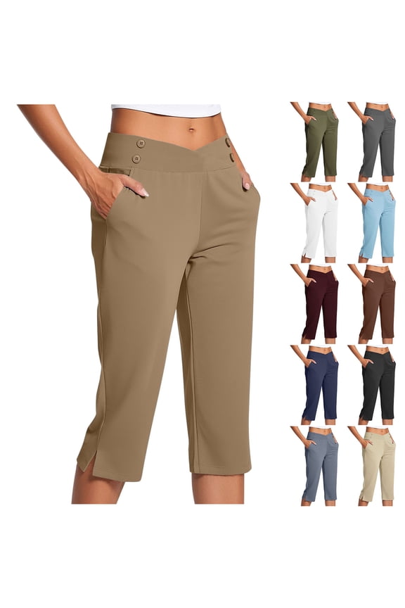 Capri Pants for Women Dressy Casual Stretch Work Capris Straight Leg Golf Dress Pant Summer Cropped Trousers with Pockets Beige M