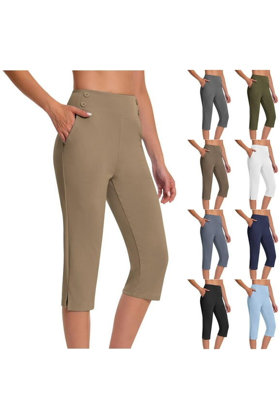 Capri Pants for Women Dressy Casual Stretch Work Capris Straight Leg Golf Dress Pant Summer Cropped Trousers with Pockets Blue S