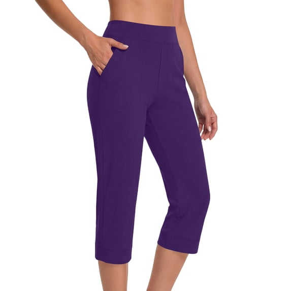 Kvture Capri Pants for Women High Waist Straight Leg Stretchy Pants Summer Work Golf Capris with Pockets Purple Pant L