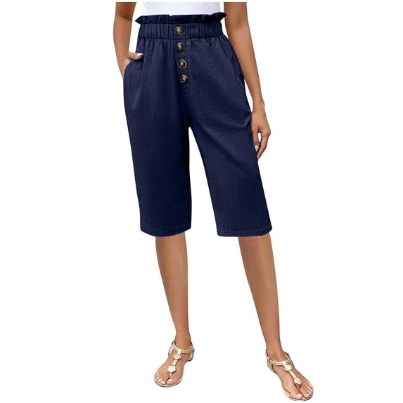 Kvture Casual Bermuda Shorts for Women Pleated Elastic Waist Knee Length Cotton Linen Button Summer Shorts with Pockets Dark Blue M
