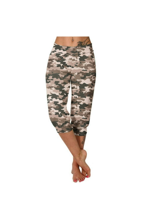 Casual Pants Women's Camouflage 3/4 Length Elasticated Waist with Slimming Pant Yoga Training Sweatpants Khaki S