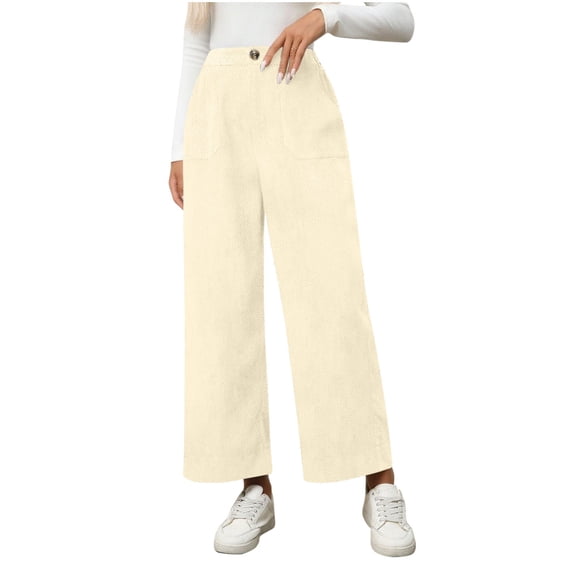 Kvture Corduroy Pants for Women Wide Leg Trousers High Waist Pleated Double Button Pocket High Waist Casual Pants Beige XL