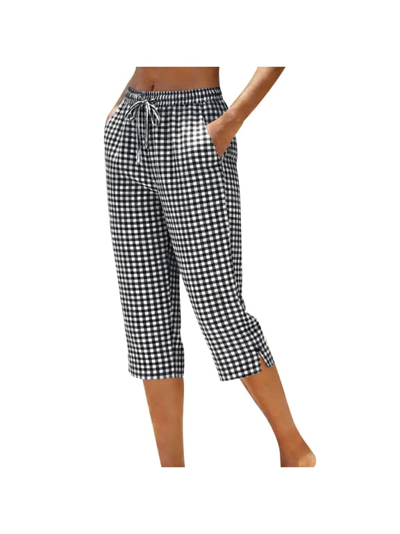 Cotton Capri Pants for Women Loose Straight Leg Drawstring Elastic Waist Cropped Pant Casual Summer Linen Clothes Black Pant S