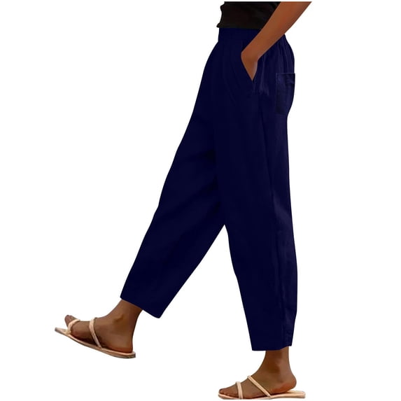 Kvture Cotton Linen Pants for Women Wide Leg Elastic Straight Leg Lounge Trousers Drawstring Lightweight Summer Beach Pants Navy L