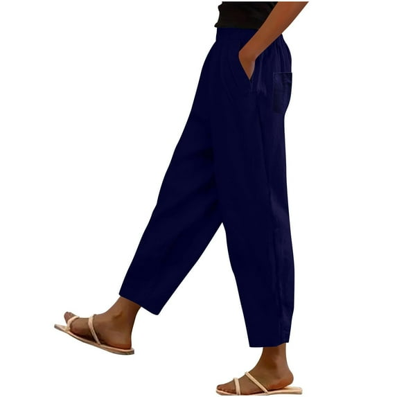 Kvture Cotton Linen Pants for Women Wide Leg Elastic Straight Leg Lounge Trousers Drawstring Lightweight Summer Beach Pants Navy XL