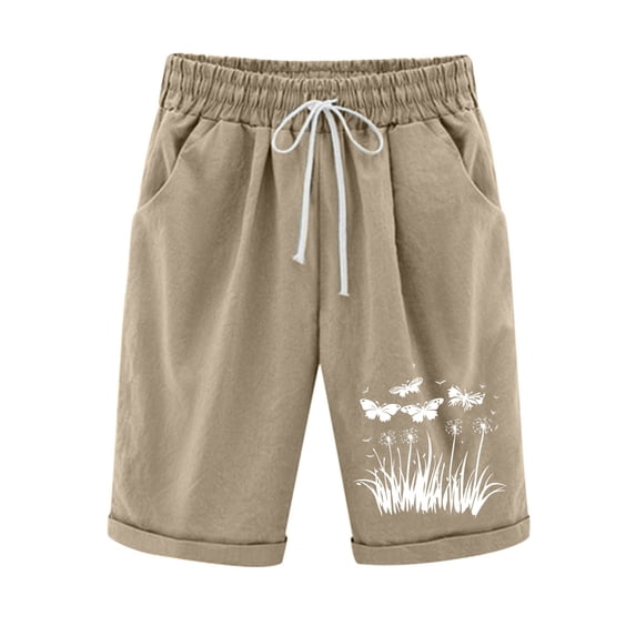 Kvture Cotton Linen Shorts for Women Fashion Boho Floral Print Beach Shorts Loose High Wasit Drawstring Pants Khaki XL