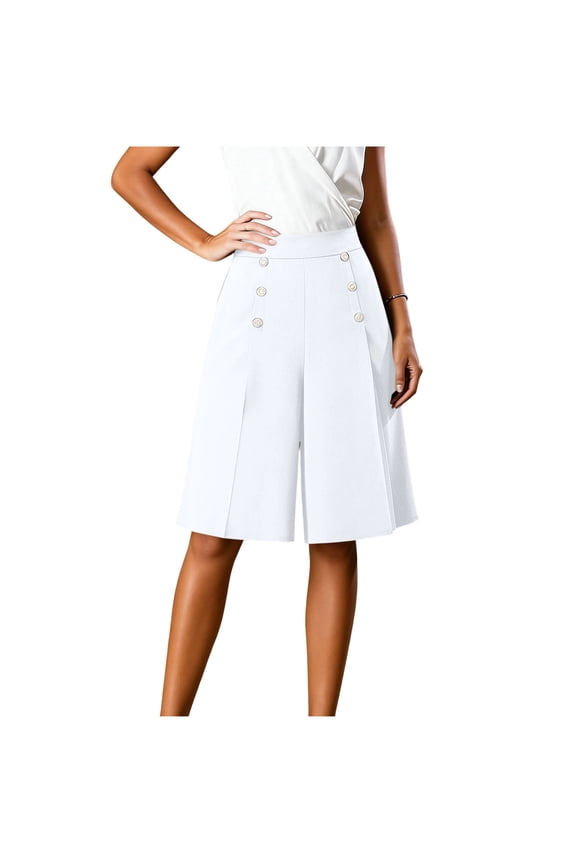 Cropped Culottes High Waist Wide Leg Pants Loose Lightweight Breathable Comfortable Pleated Design Suitable for Office XL White