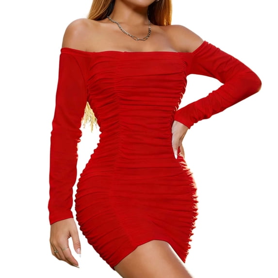 Kvture Elegant Long Sleeve Dress for Women Club Night Out Dress Homecoming Party Cocktail Dress Off Shoulder Red