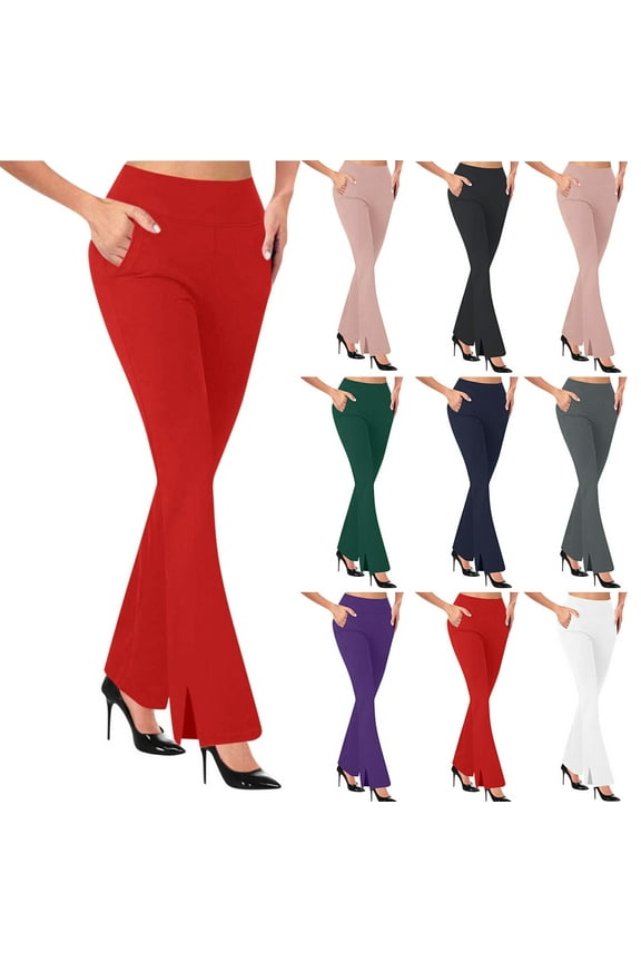 Flare Yoga Dress Pants for Women High Waisted Stretchy Work Pants Business Casual Bootcut Trousers with Pockets Solid Color Slim Fit Flared Tights Dark Blue S