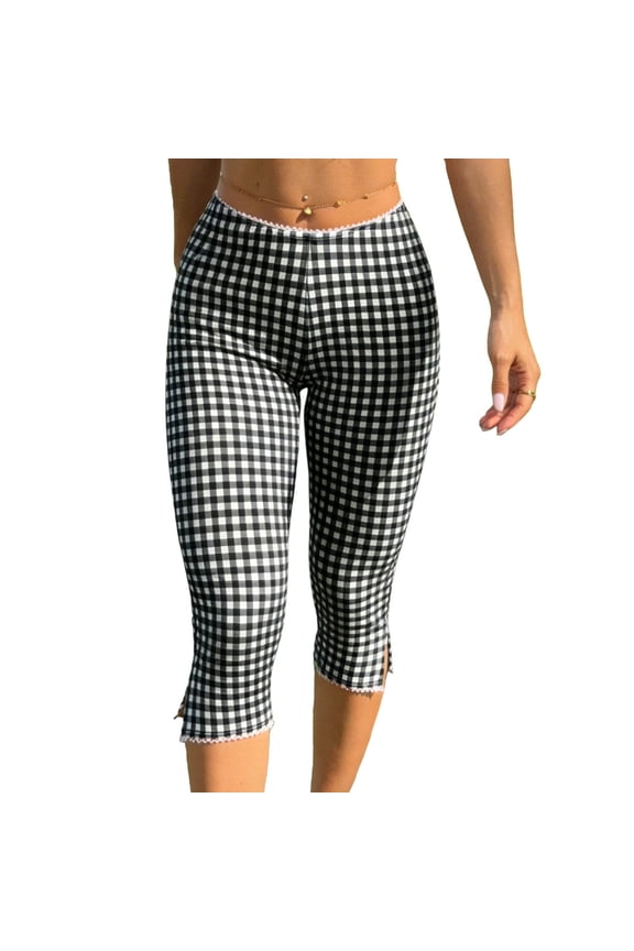 Gingham Capri Pants for Women Lace Trim Split Hem Low Waisted Leggings Plaid Print Skinny Summer Cropped Pants Black Pant M