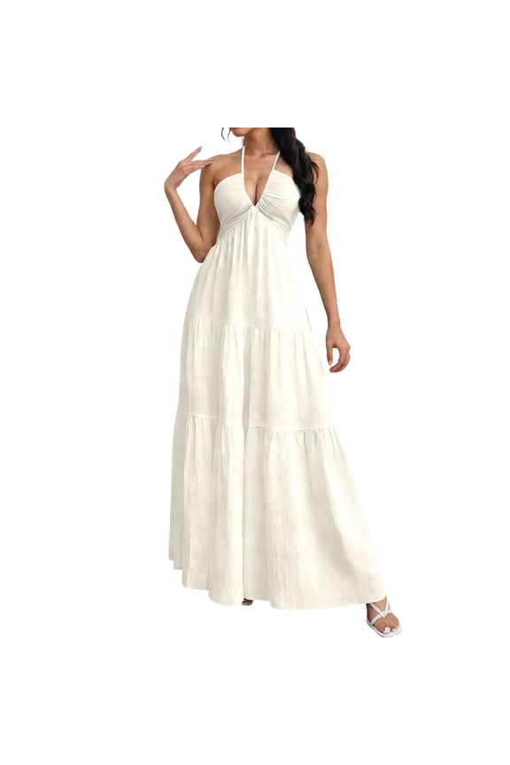 Halter Maxi Dresses for Women Low Cut Deep V Neck Backless Dress Backless Flowy Ruffle Dress Beach Vacation Dress Beige