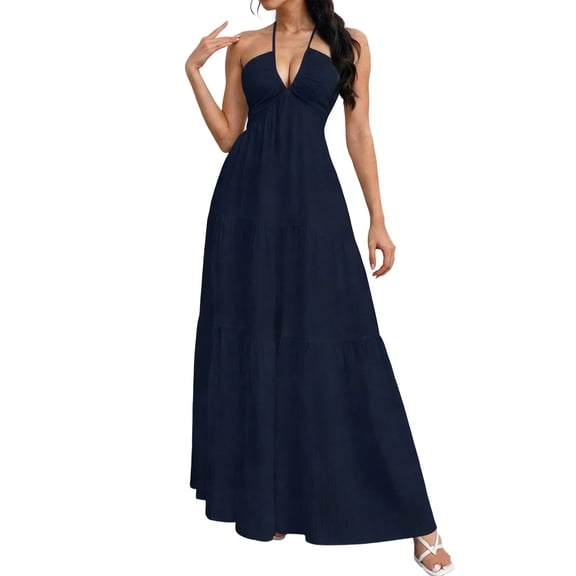Kvture Halter Maxi Dresses for Women Low Cut Deep V Neck Backless Dress Backless Flowy Ruffle Dress Beach Vacation Dress Dark Blue