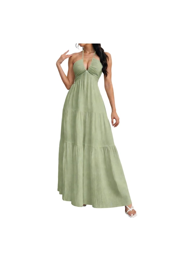 Halter Maxi Dresses for Women Low Cut Deep V Neck Backless Dress Backless Flowy Ruffle Dress Beach Vacation Dress Green