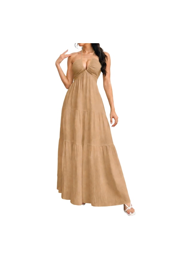 Halter Maxi Dresses for Women Low Cut Deep V Neck Backless Dress Backless Flowy Ruffle Dress Beach Vacation Dress Khaki
