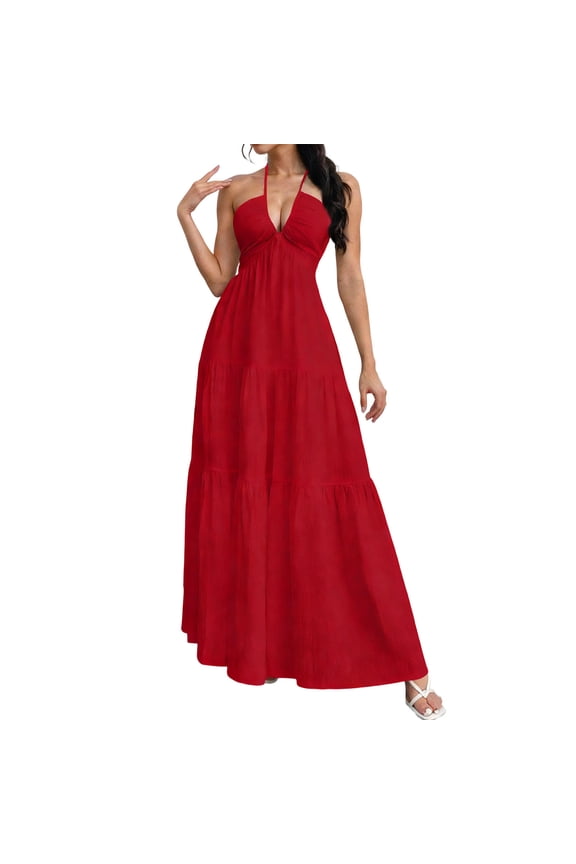 Halter Maxi Dresses for Women Low Cut Deep V Neck Backless Dress Backless Flowy Ruffle Dress Beach Vacation Dress Red