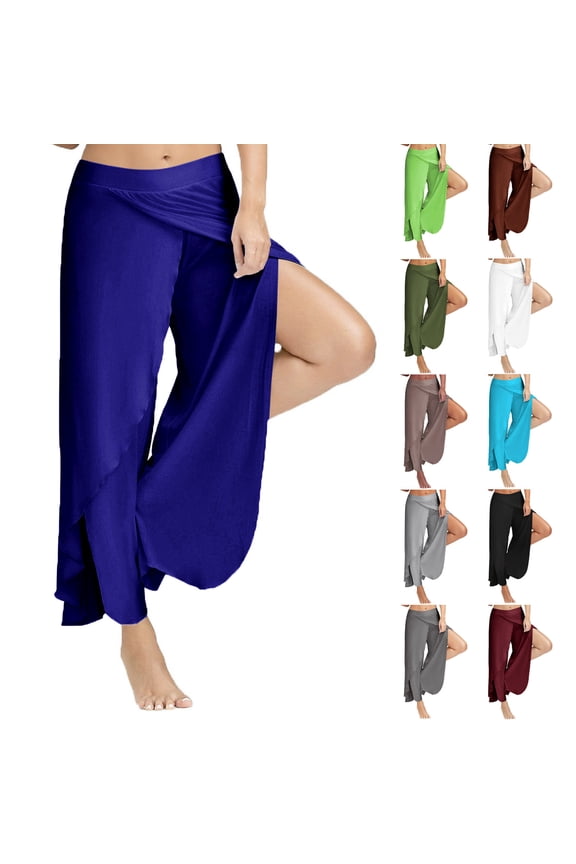 Harem Pants for Women Double High Slit Leg Flowy Yoga Pant Pilates Dance Hippie Wrap Beach Cover-Up Pants Solid Color Hollow Out Long Pants Coffee L