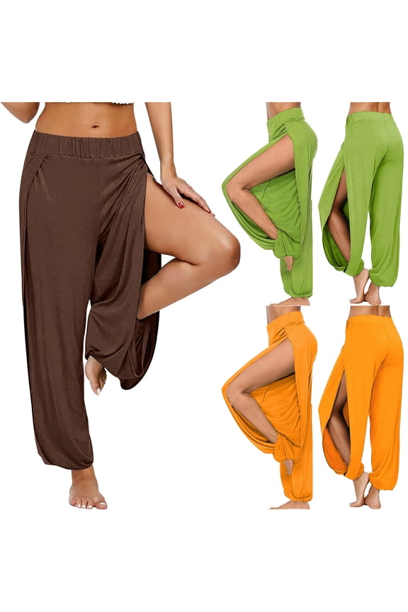 Harem Pants for Women Double High Slit Leg Flowy Yoga Pant Pilates Dance Hippie Wrap Beach Cover-Up Pants Solid Color Hollow Out Long Pants Coffee M