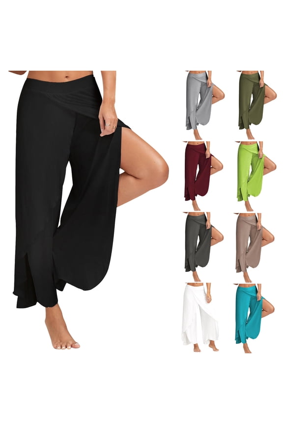 Harem Pants for Women Double High Slit Leg Flowy Yoga Pant Pilates Dance Hippie Wrap Beach Cover-Up Pants Solid Color Hollow Out Long Pants Gray S
